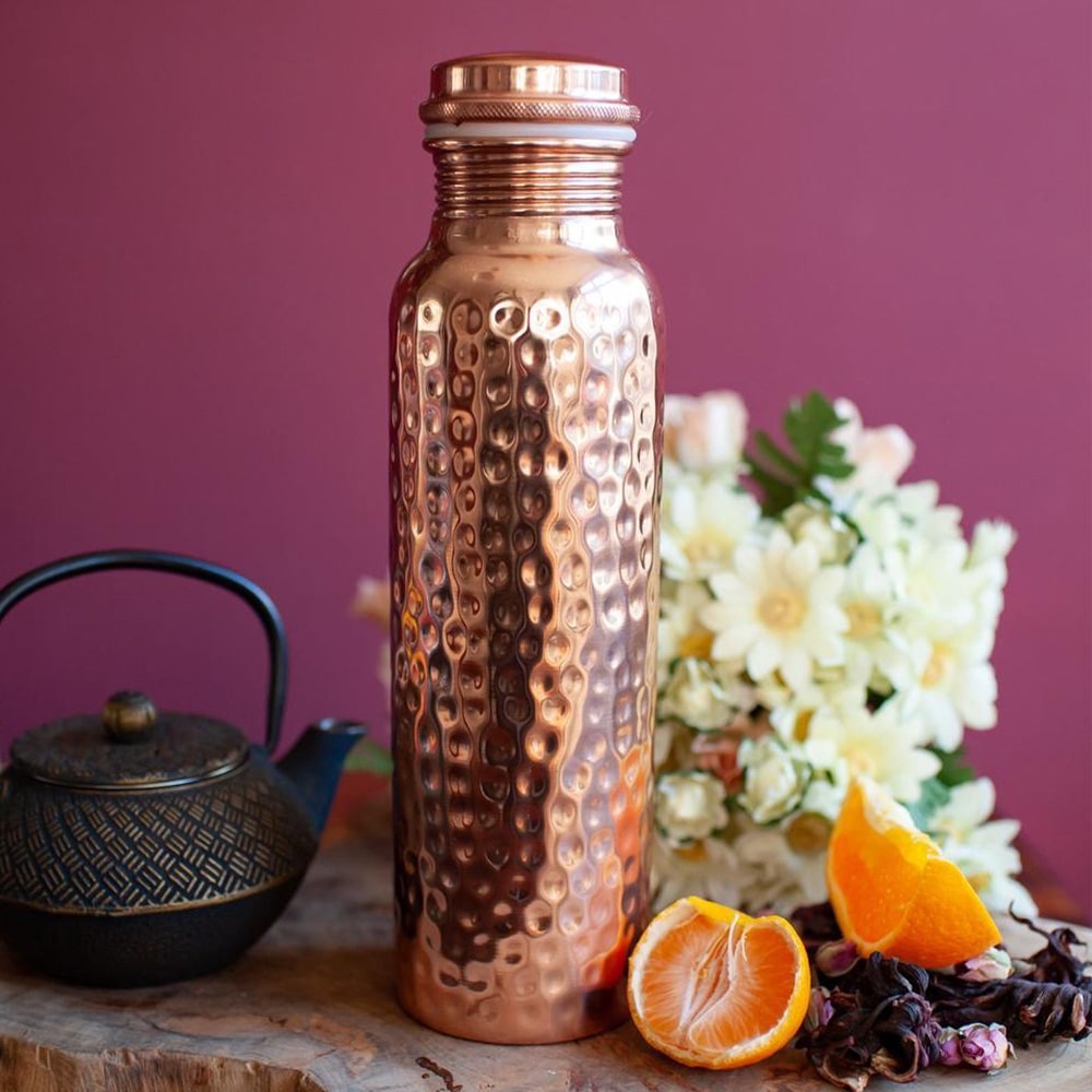 Puur Koperen Waterfles Gehamerd 1000ml Ayurveda