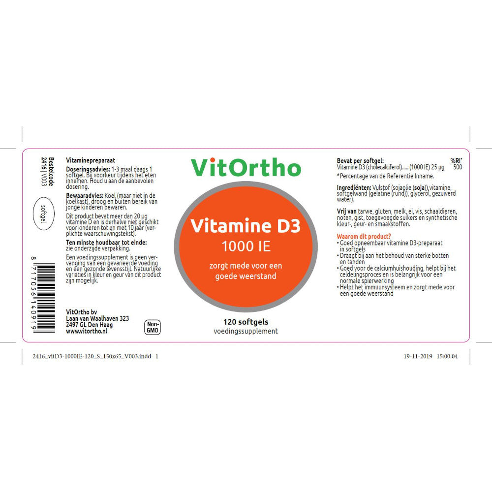 Vitamine D3 1000 IE (120 softgels) Label