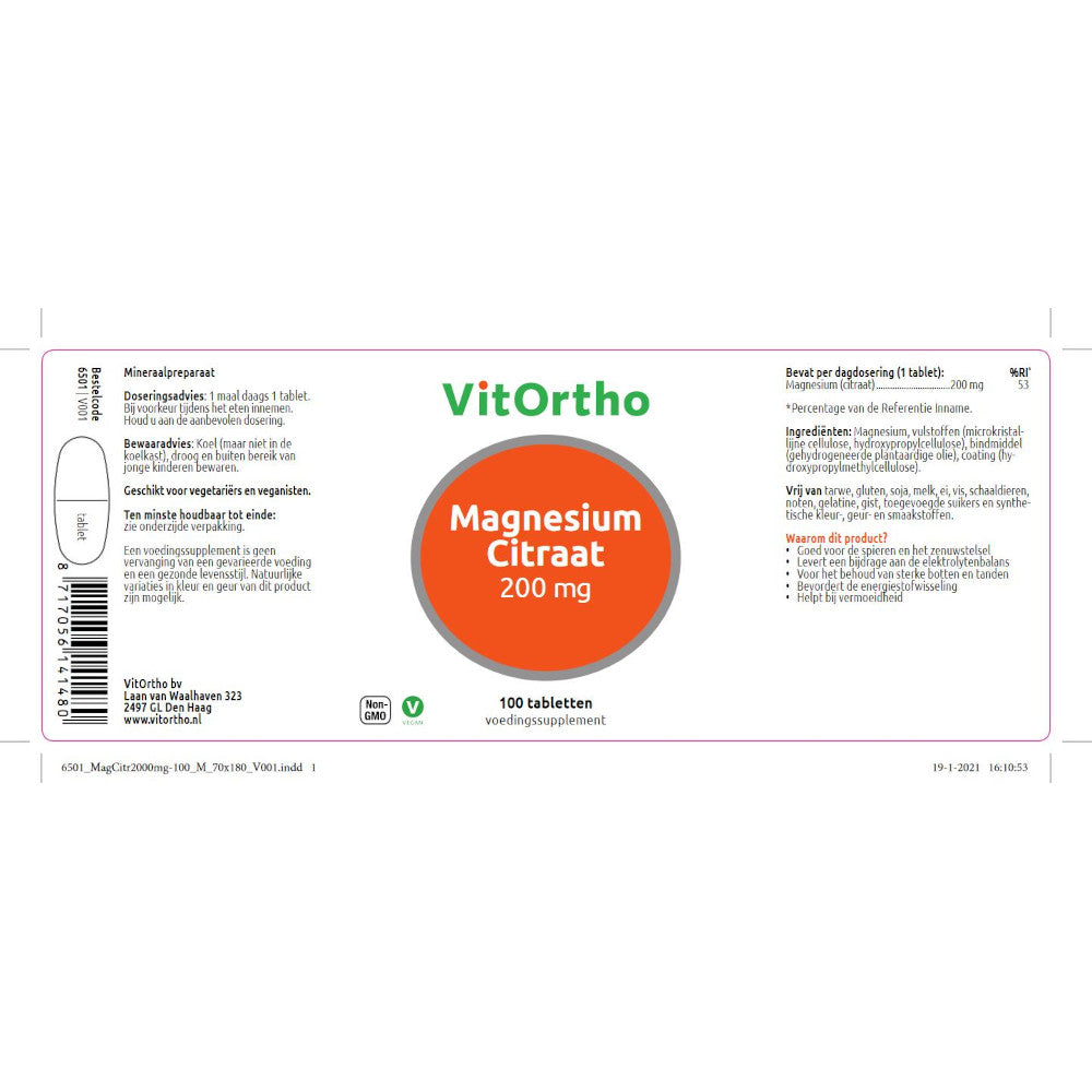 Magnesium Citraat 200 mg label