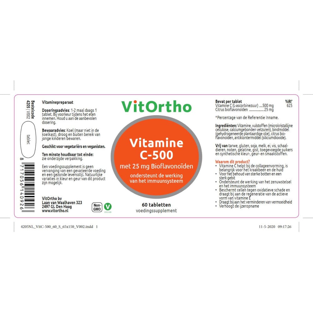 Vitamine C-500 met 25 mg Bioflavonoïden (60 tabs) label-min